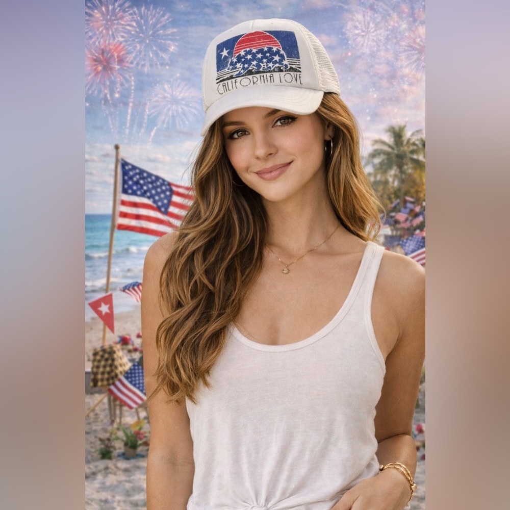 ⭐️Billabong California Love Trucker Hat Snap Back Mesh Back Foam Stars White